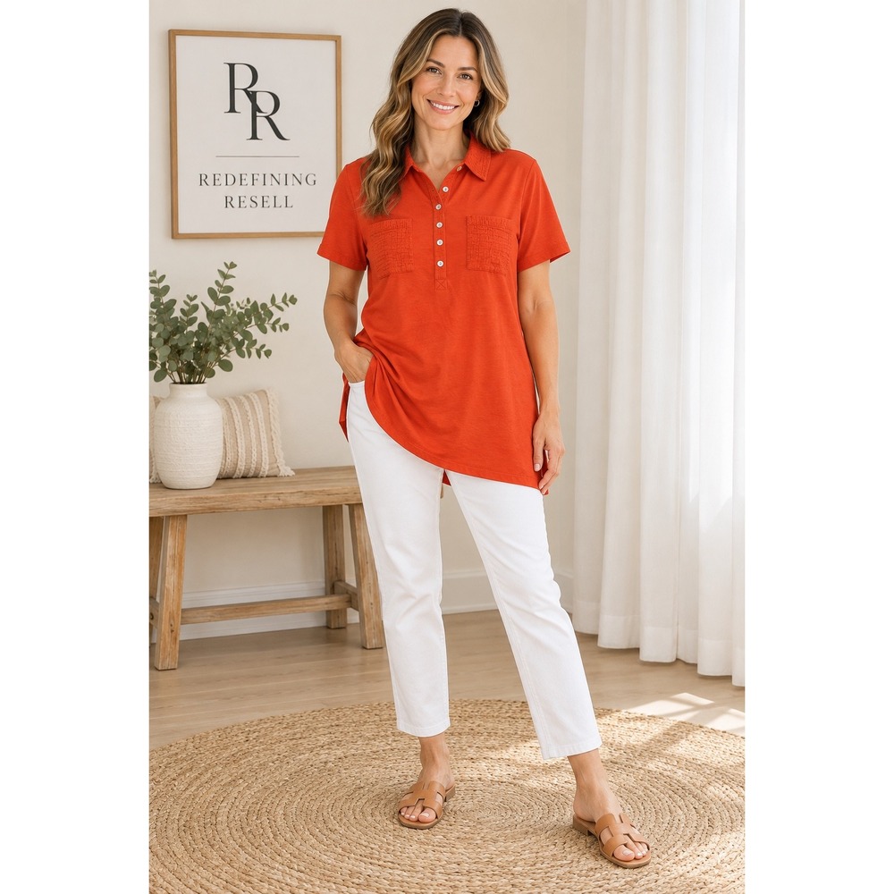 J. Jill Women Medium Orange Cotton Tencel Modal Gauze Trim Polo Tunic Top